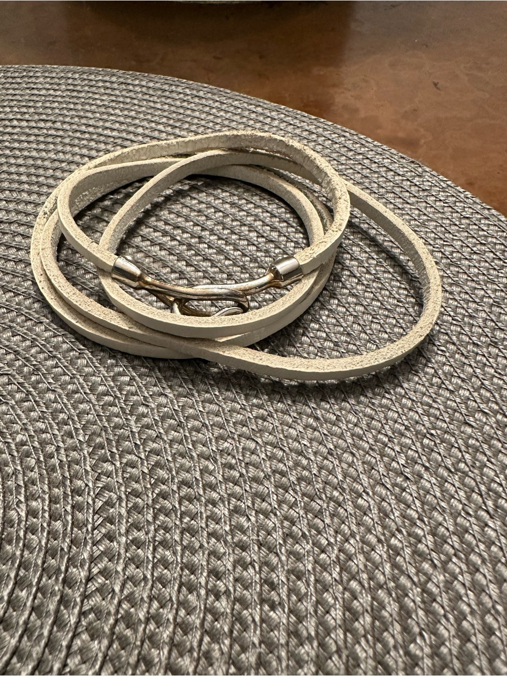 Neutral White Wrap Leather Bracelet with Silver Accent by Cara